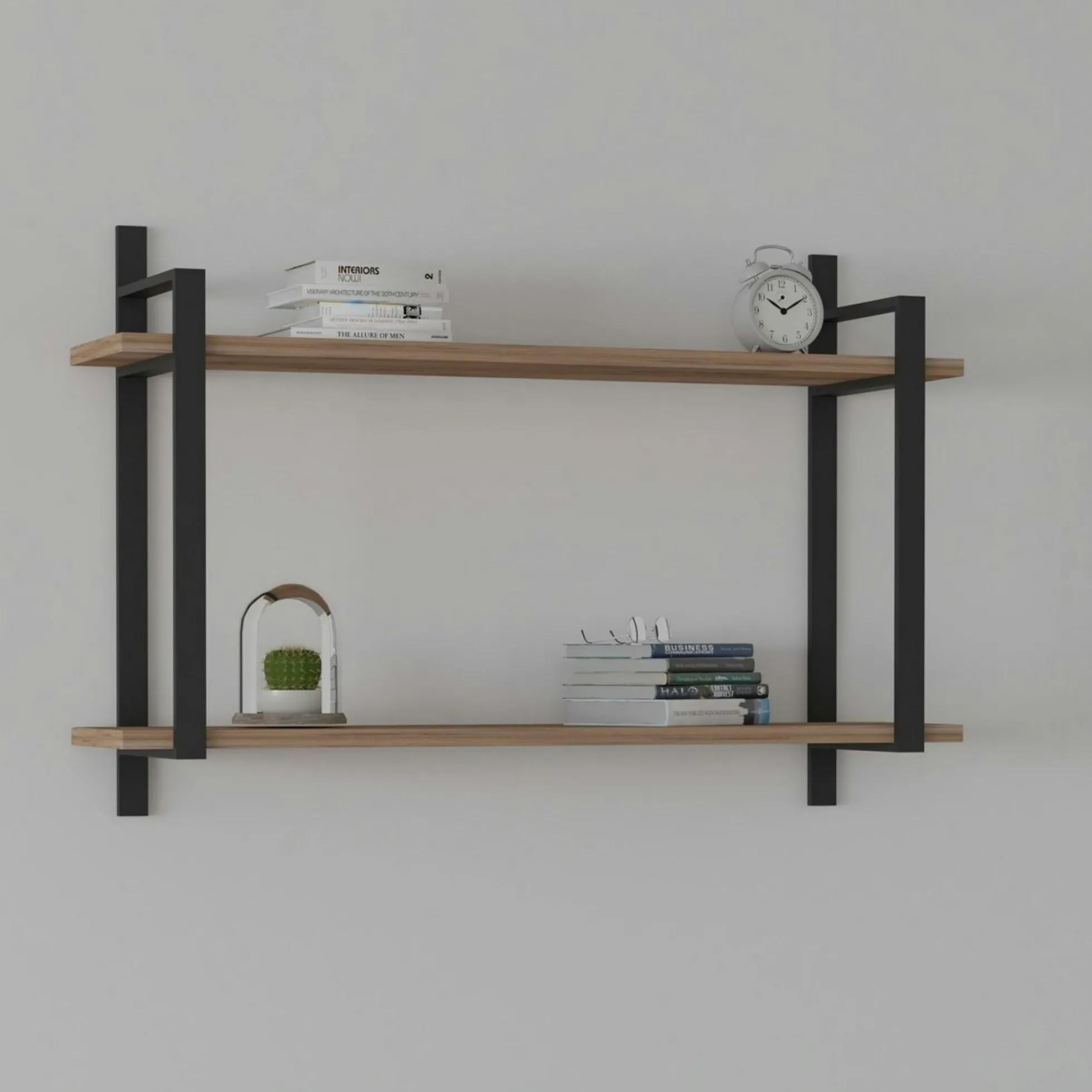 Étagère moderne décor bois 2 plateaux à cadres métal JENA