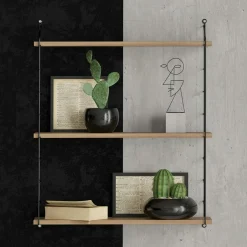 Étagère murale décor bois noyer et métal noir 3 plateaux JENA