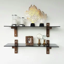 Étagère murale en verre fumé - supports bois foncé (lot de 2) LHASA