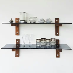 Étagère murale en verre fumé - supports bois foncé (lot de 2) LHASA