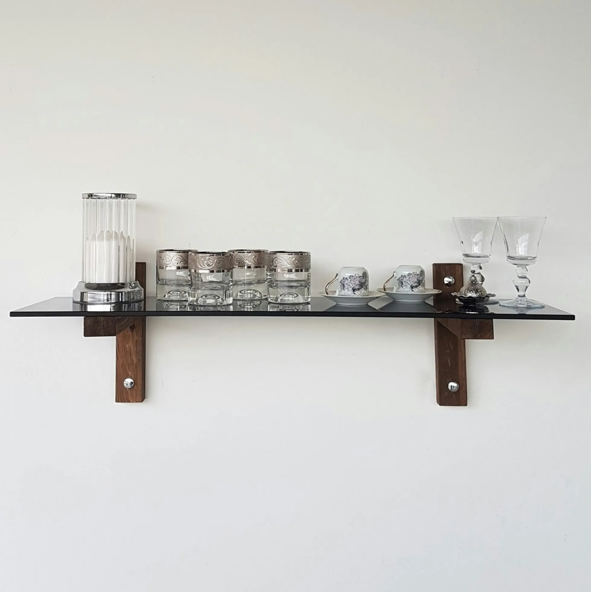 Étagère murale en verre fumé - supports bois foncé LHASA