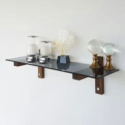 Étagère murale en verre fumé - supports bois foncé LHASA