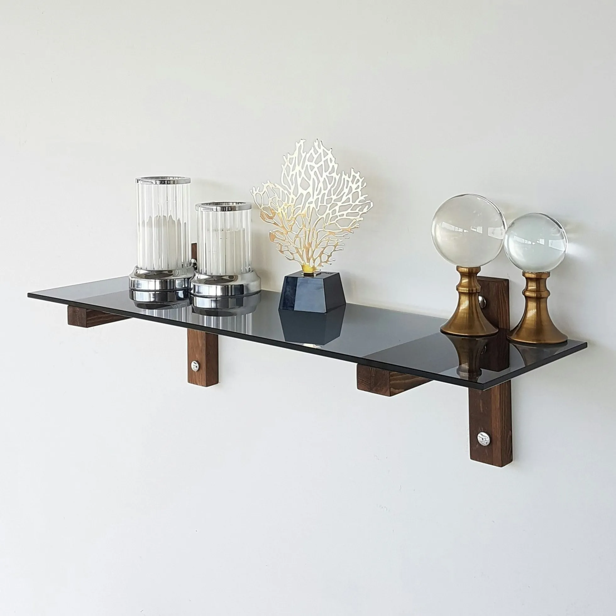 Étagère murale en verre fumé - supports bois foncé LHASA