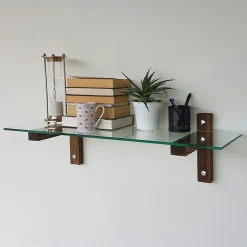 Étagère murale en verre - supports bois foncé LHASA