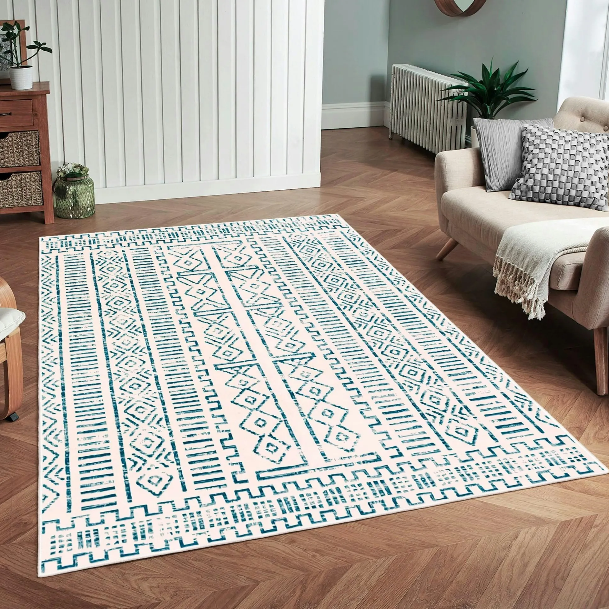 Tapis écru contrasté – motifs bleus, 160x230 cm ISTANBUL