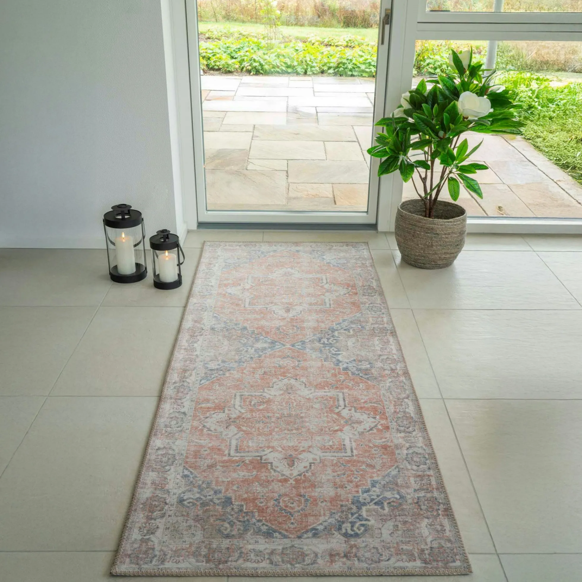 Tapis de couloir vintage tons orange et bleu FEZ