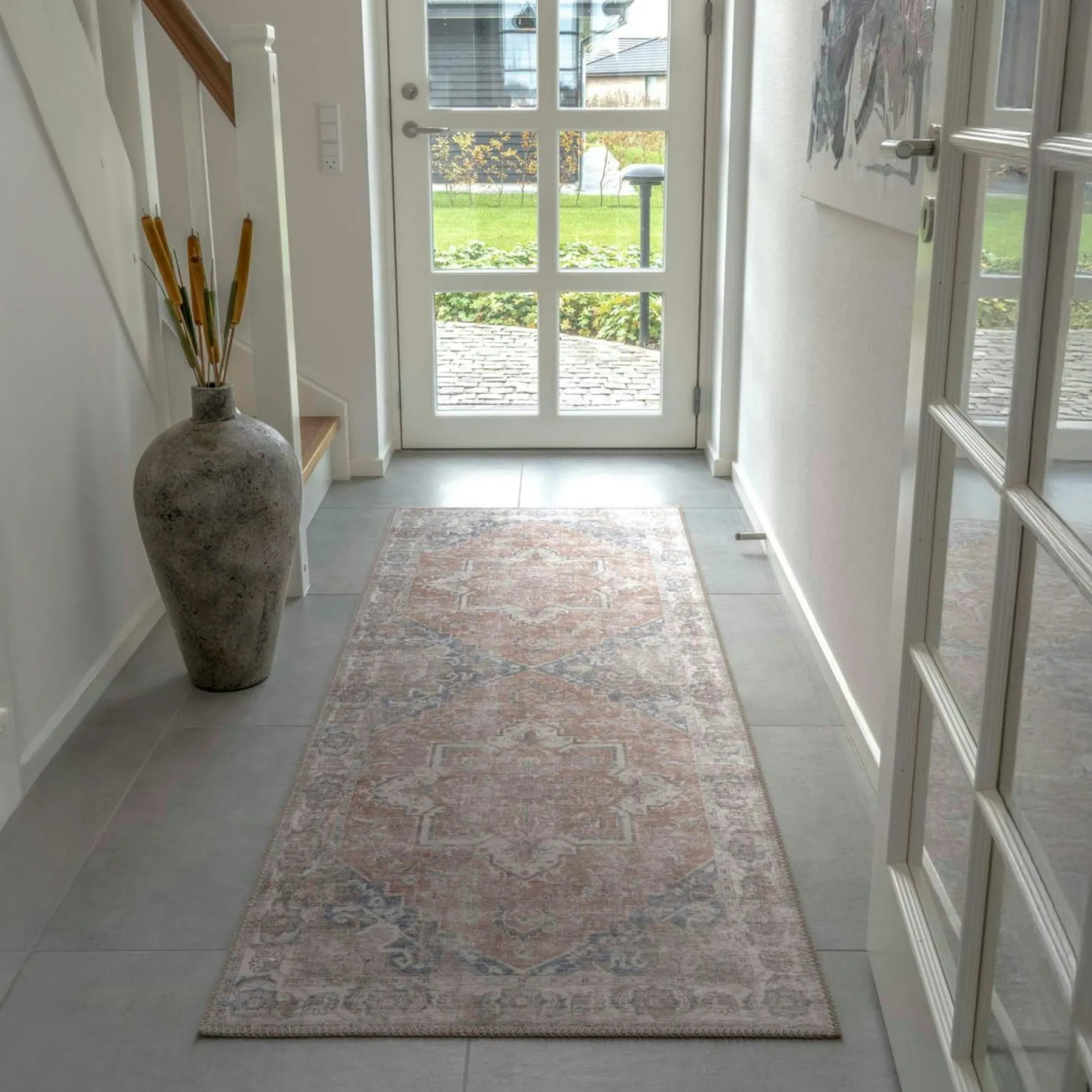 Tapis de couloir vintage tons orange et bleu FEZ