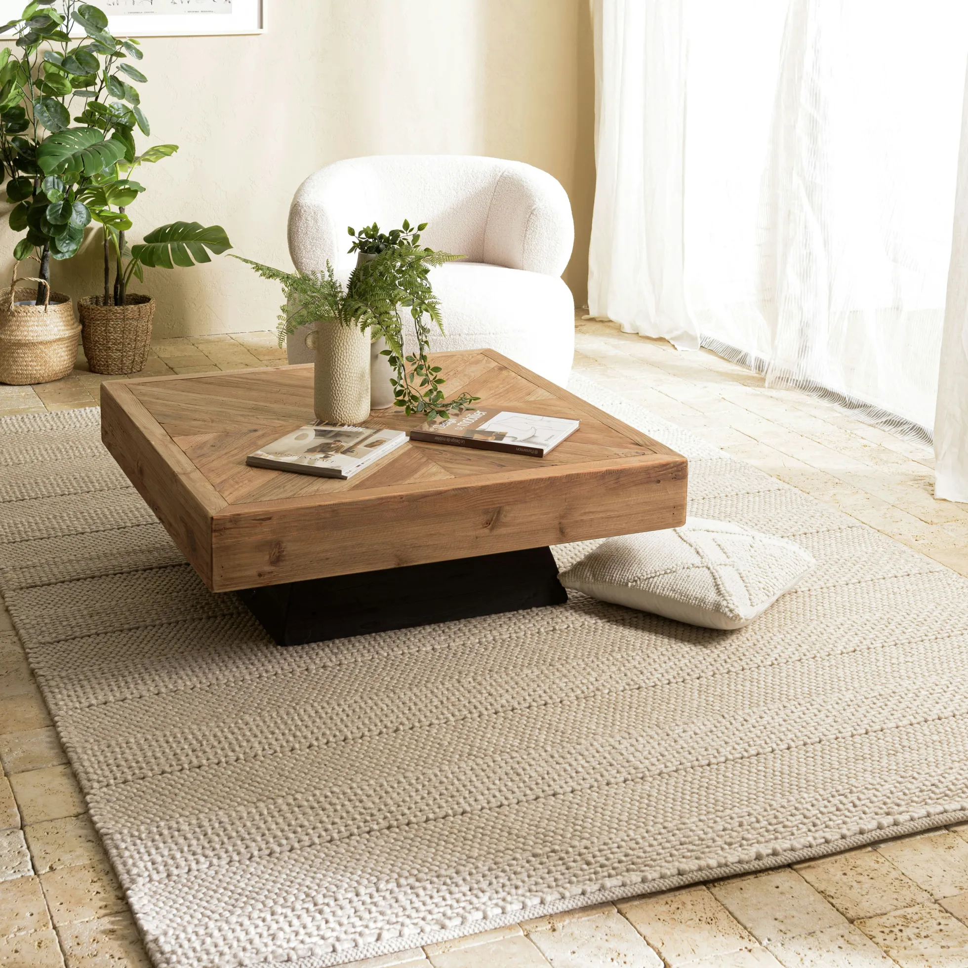 Tapis rectangulaire 160 x 230 cm laine bandes tissées lin