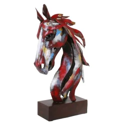 Tête de cheval en métal multicolore sur socle H75x47x21cm