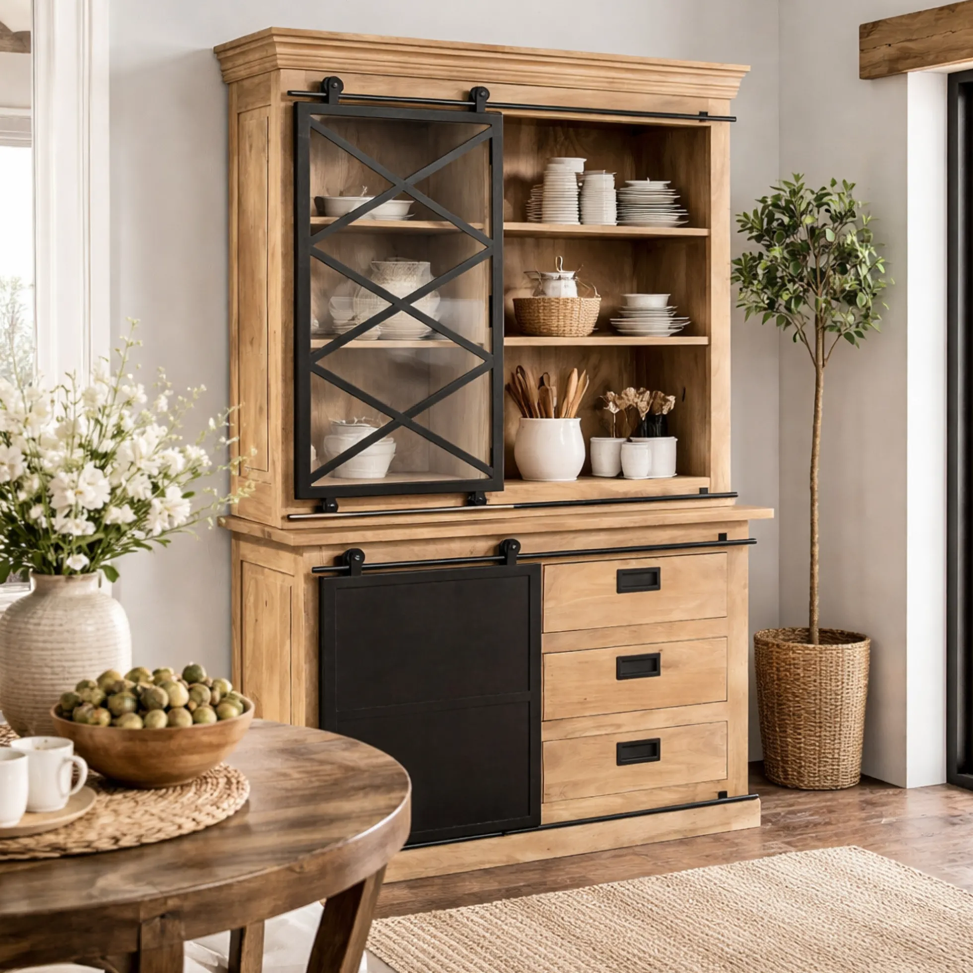 Vaisselier bois métal style atelier à portes coulissantes 120 cm CAMDEN