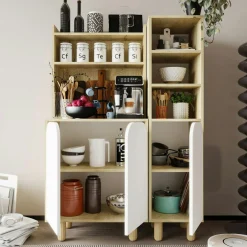 Vaisselier cuisine effet bois 3 portes blanches VAREN