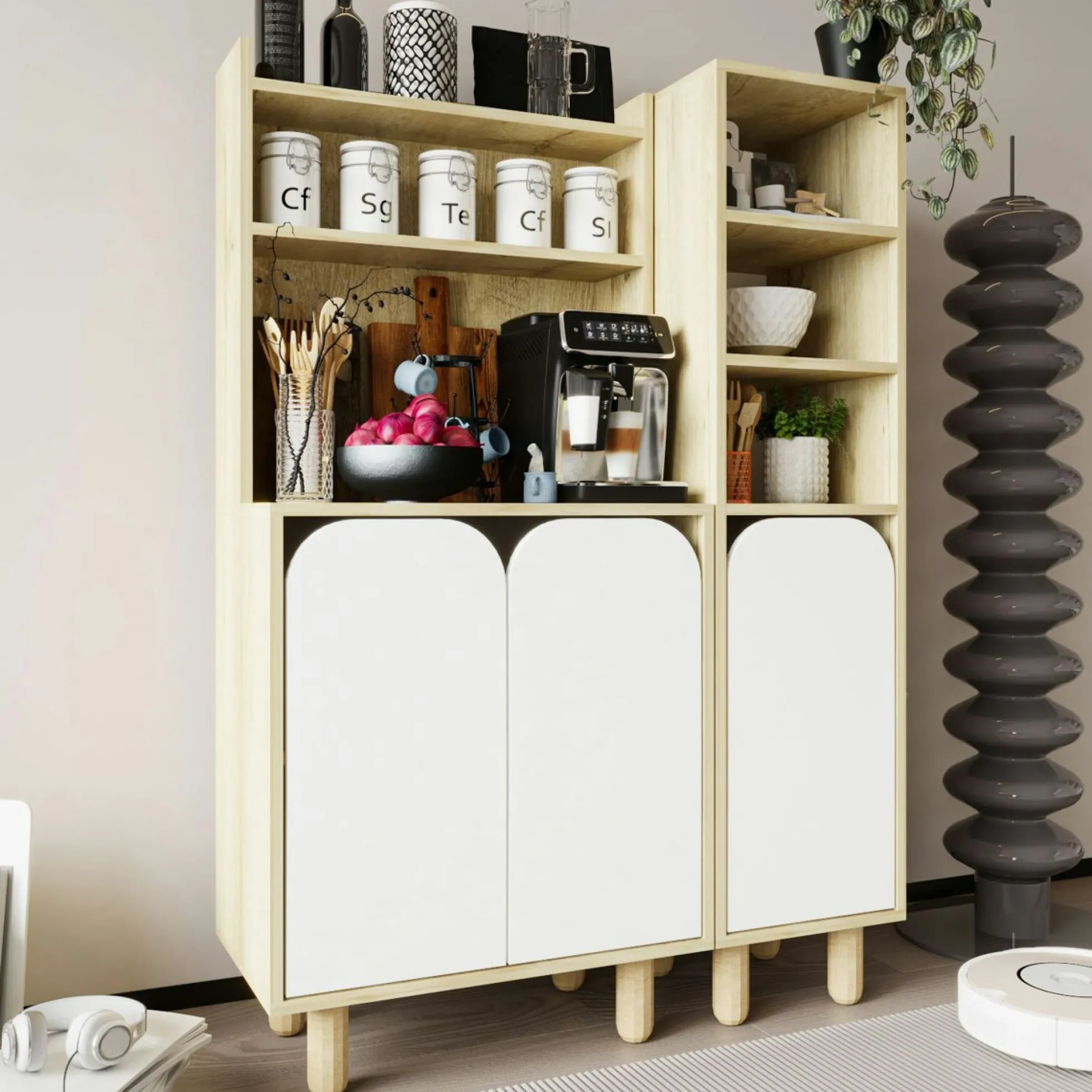 Vaisselier cuisine effet bois 3 portes blanches VAREN