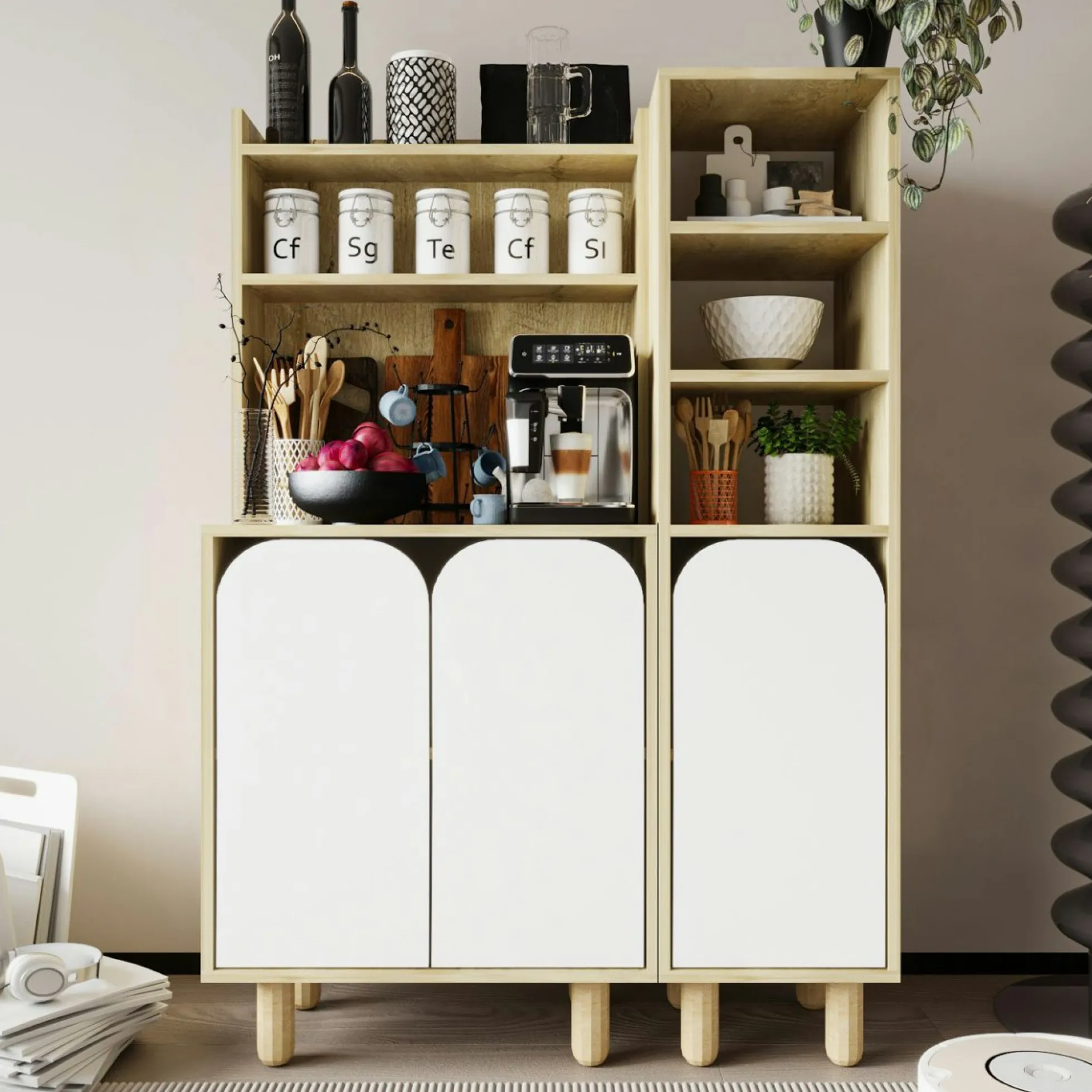Vaisselier cuisine effet bois 3 portes blanches VAREN