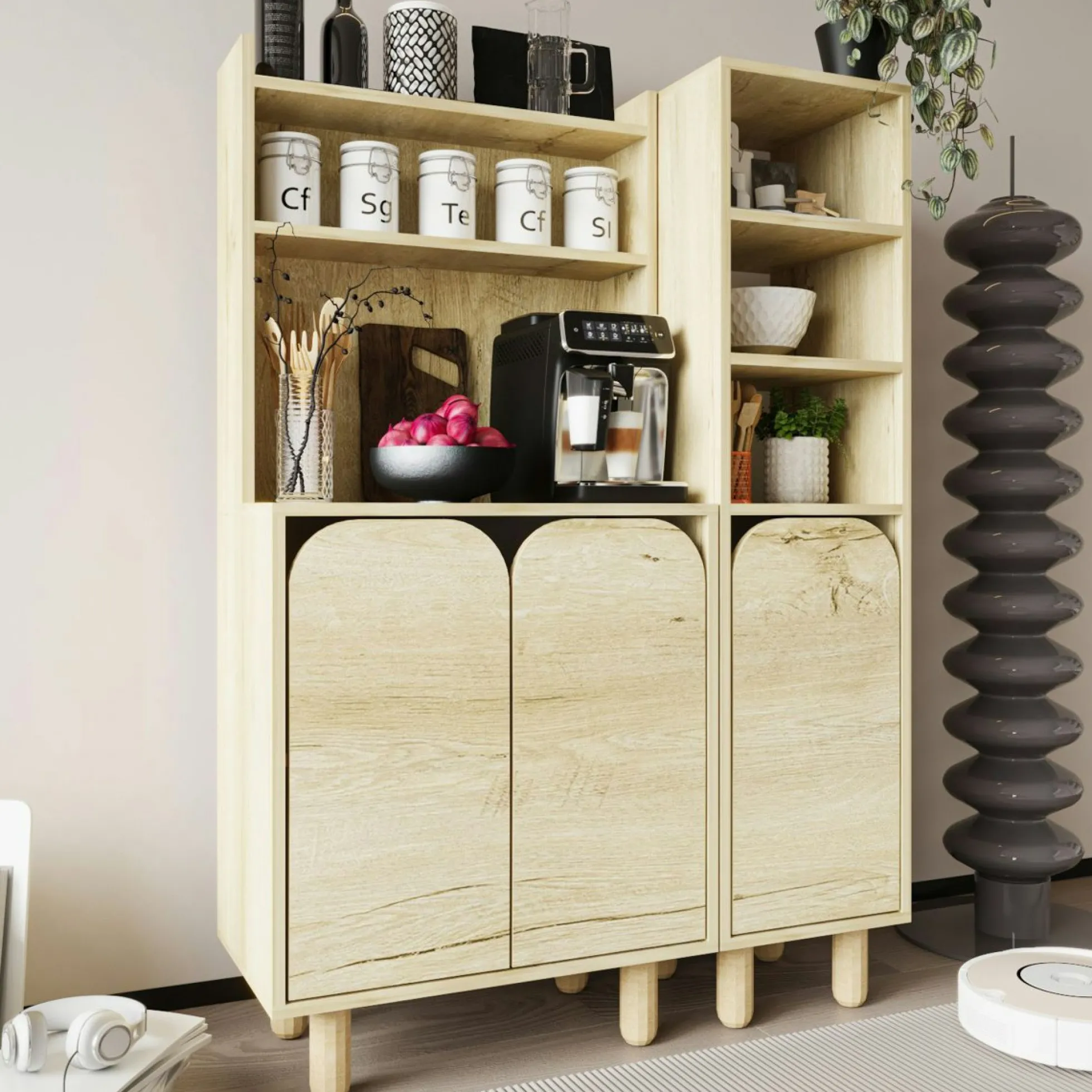 Vaisselier cuisine effet bois 3 portes courbes VAREN
