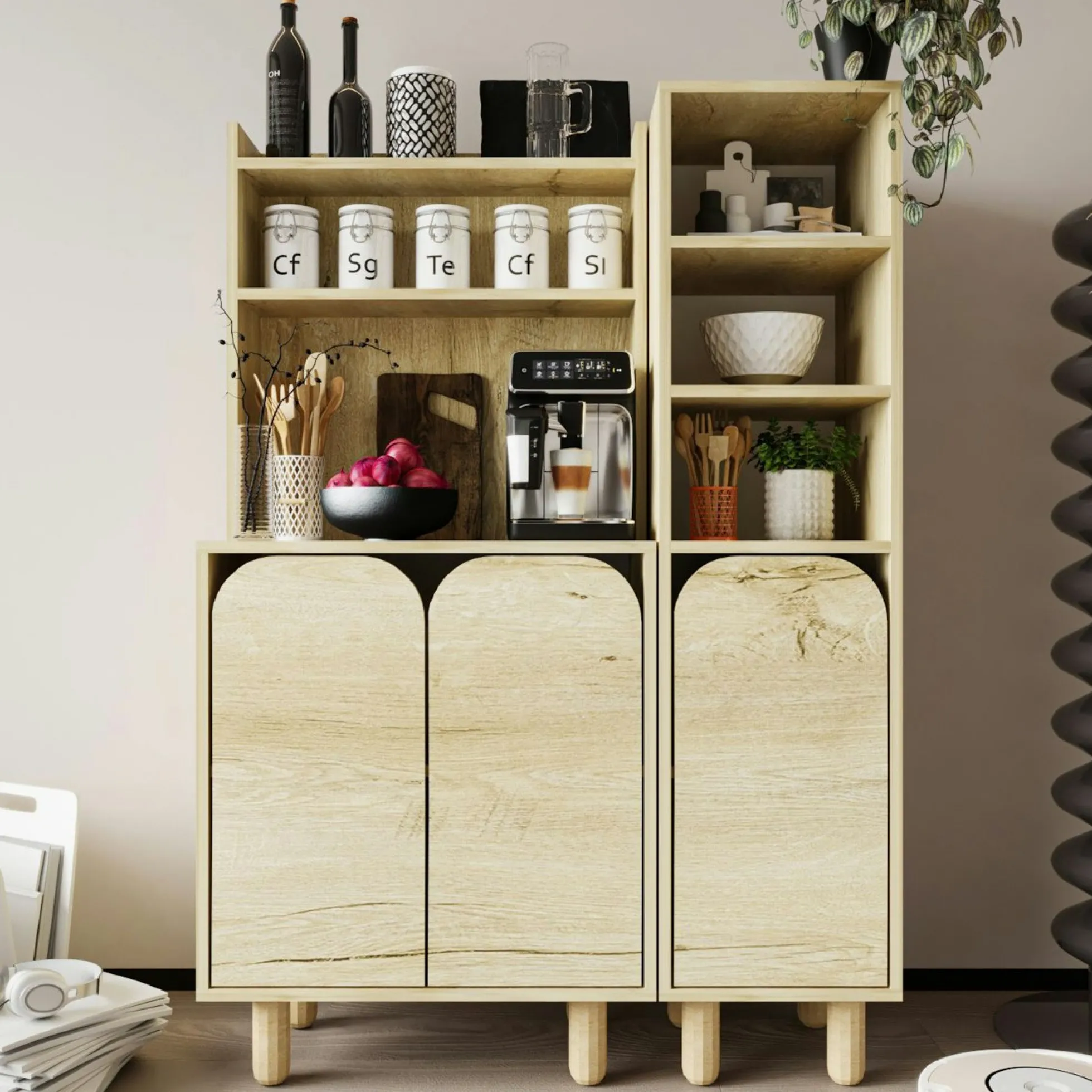 Vaisselier cuisine effet bois 3 portes courbes VAREN
