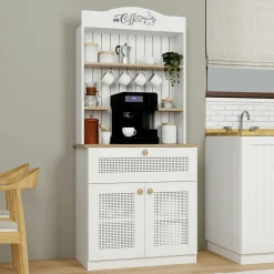 Vaisselier de cuisine blanc, cannage & niche café VAREN