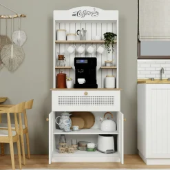 Vaisselier de cuisine blanc, cannage & niche café VAREN