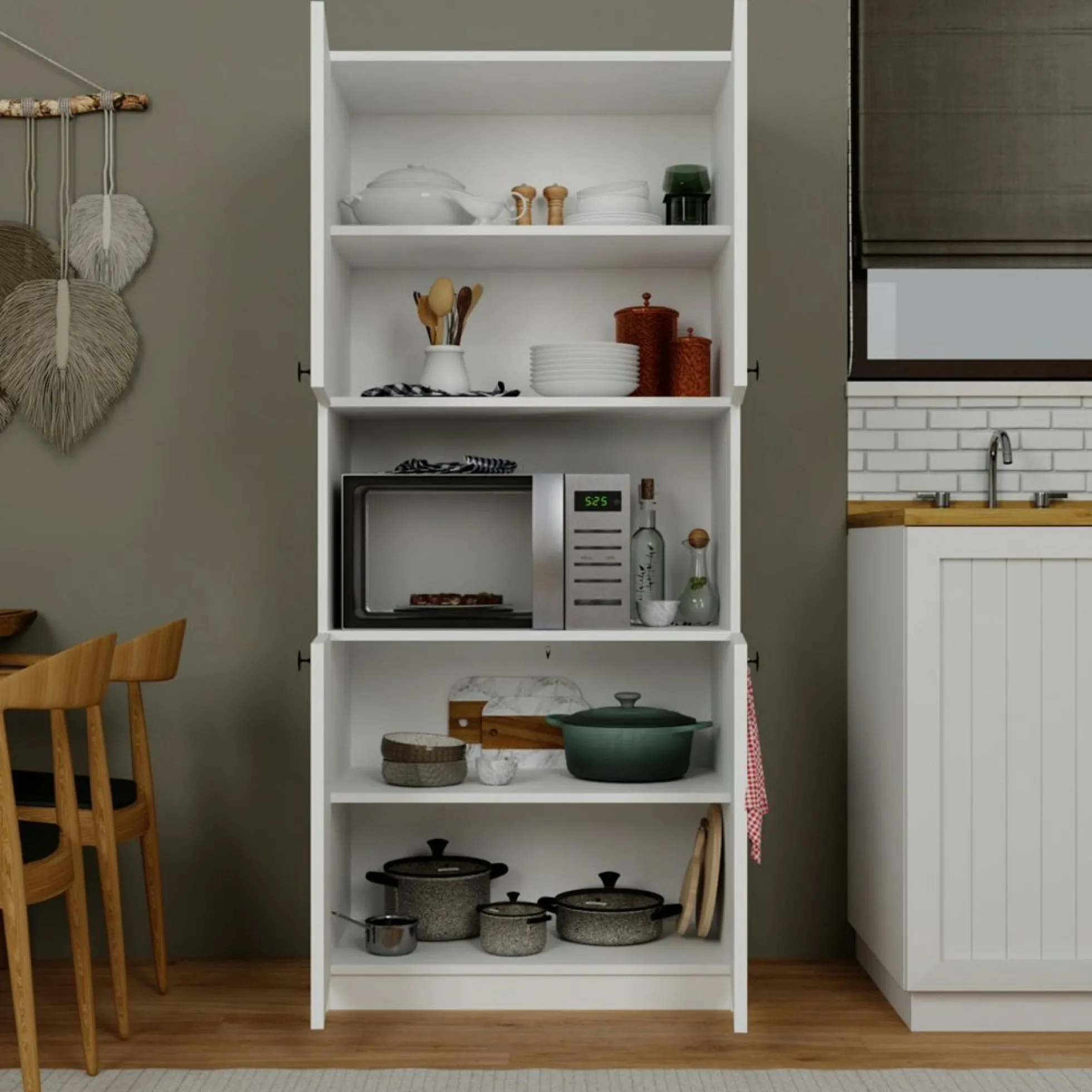 Vaisselier de cuisine blanc 4 portes 1 niche rangement VAREN