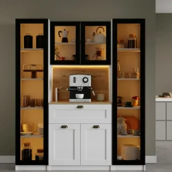 Vaisselier de cuisine à LED 6 portes décor blanc et noir AURA