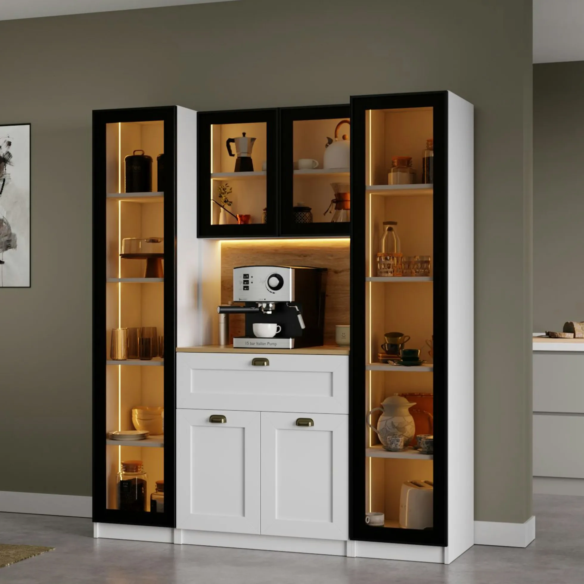 Vaisselier de cuisine à LED 6 portes décor blanc et noir AURA