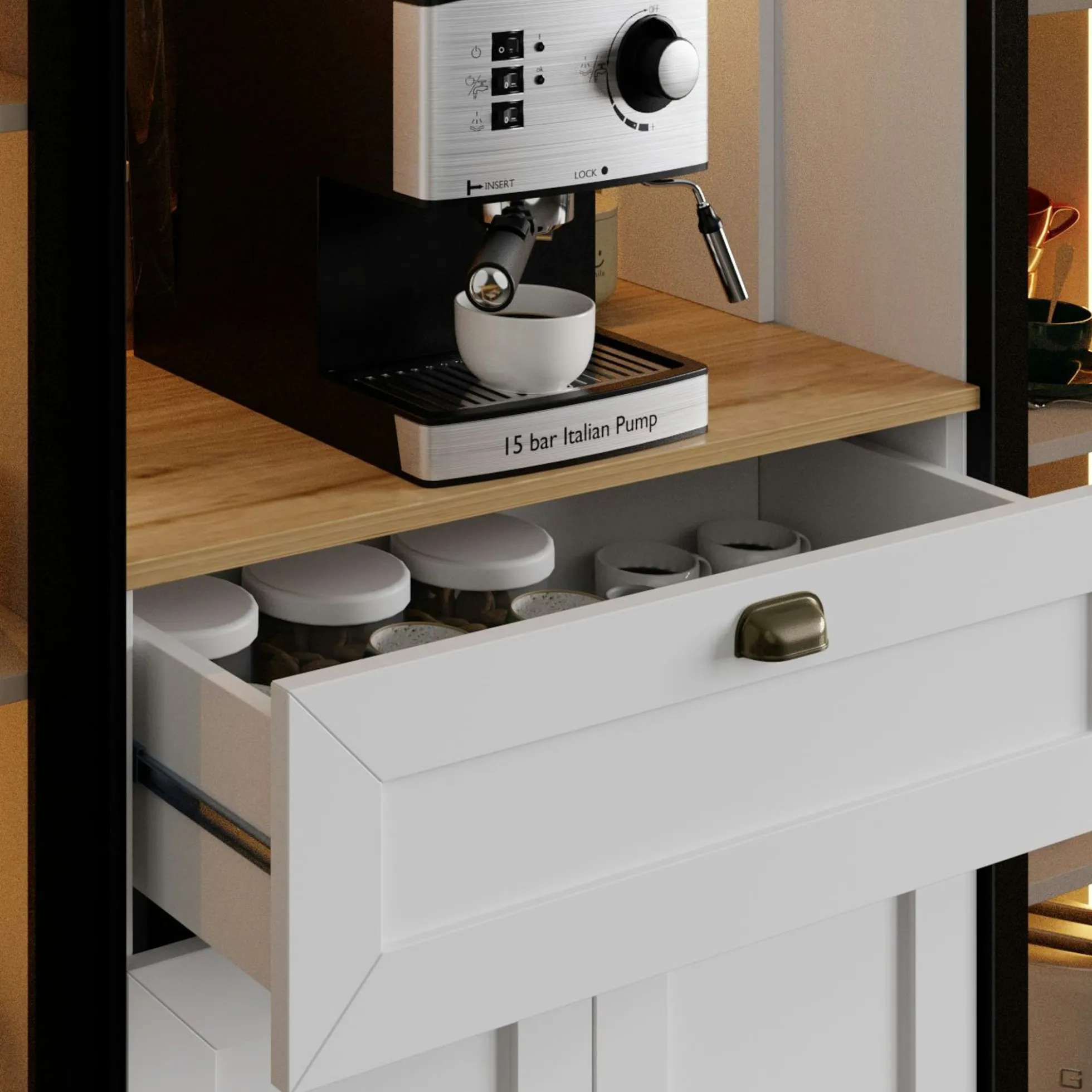 Vaisselier de cuisine à LED 6 portes décor blanc et noir AURA