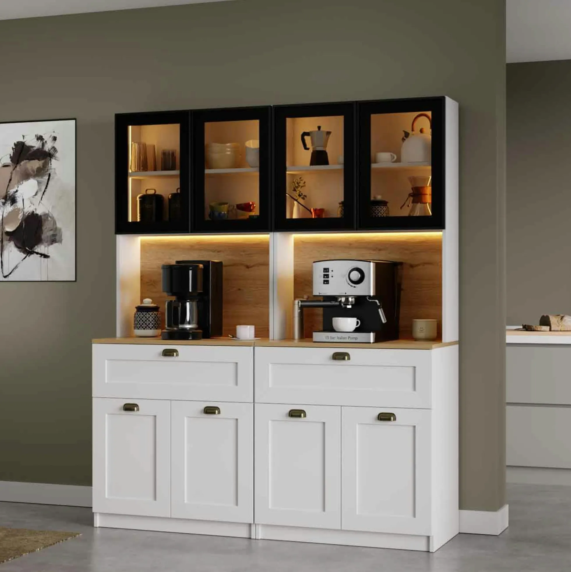Vaisselier de cuisine à LED 8 portes décor blanc et noir AURA
