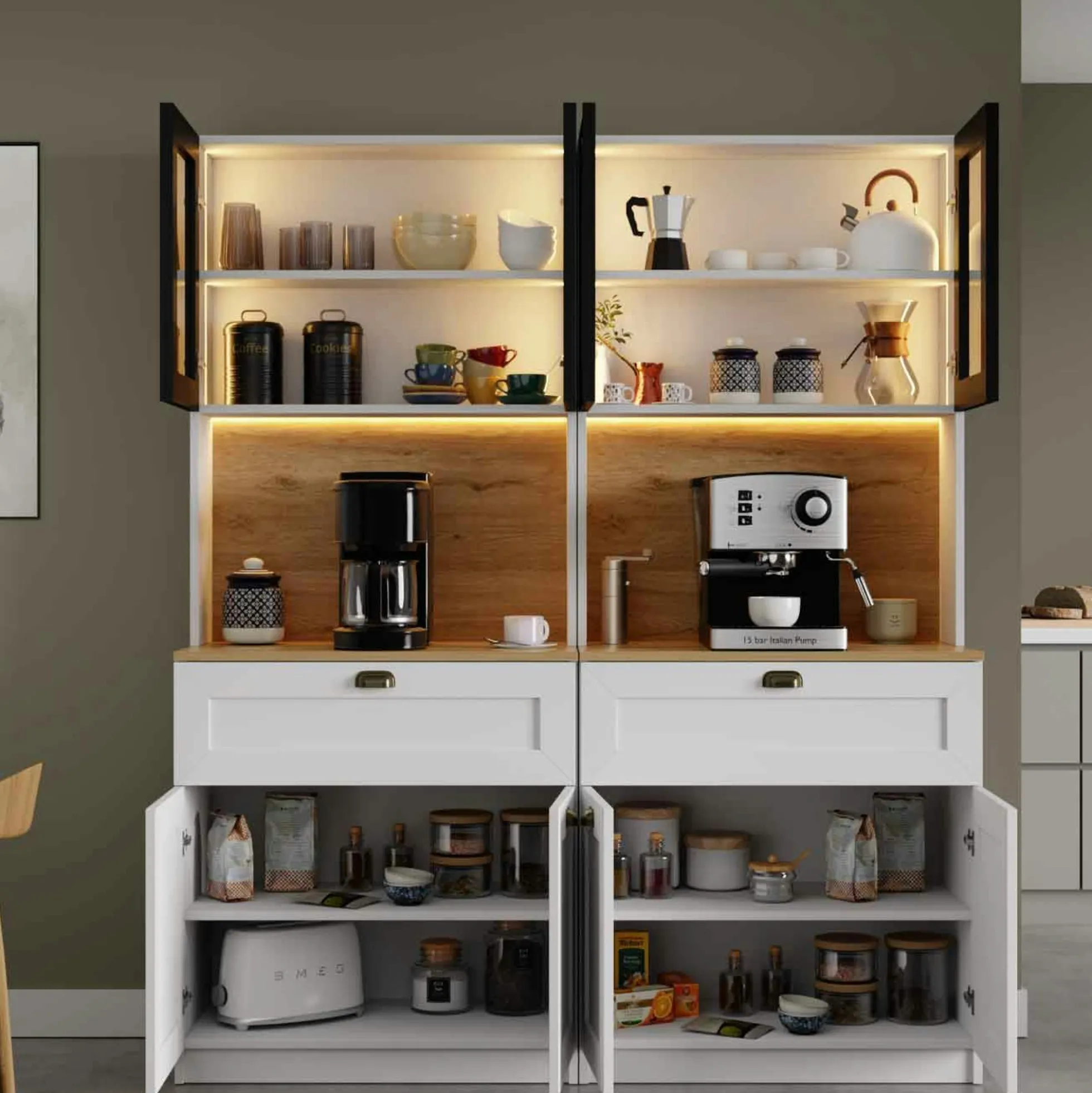 Vaisselier de cuisine à LED 8 portes décor blanc et noir AURA