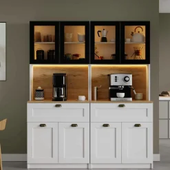Vaisselier de cuisine à LED 8 portes décor blanc et noir AURA
