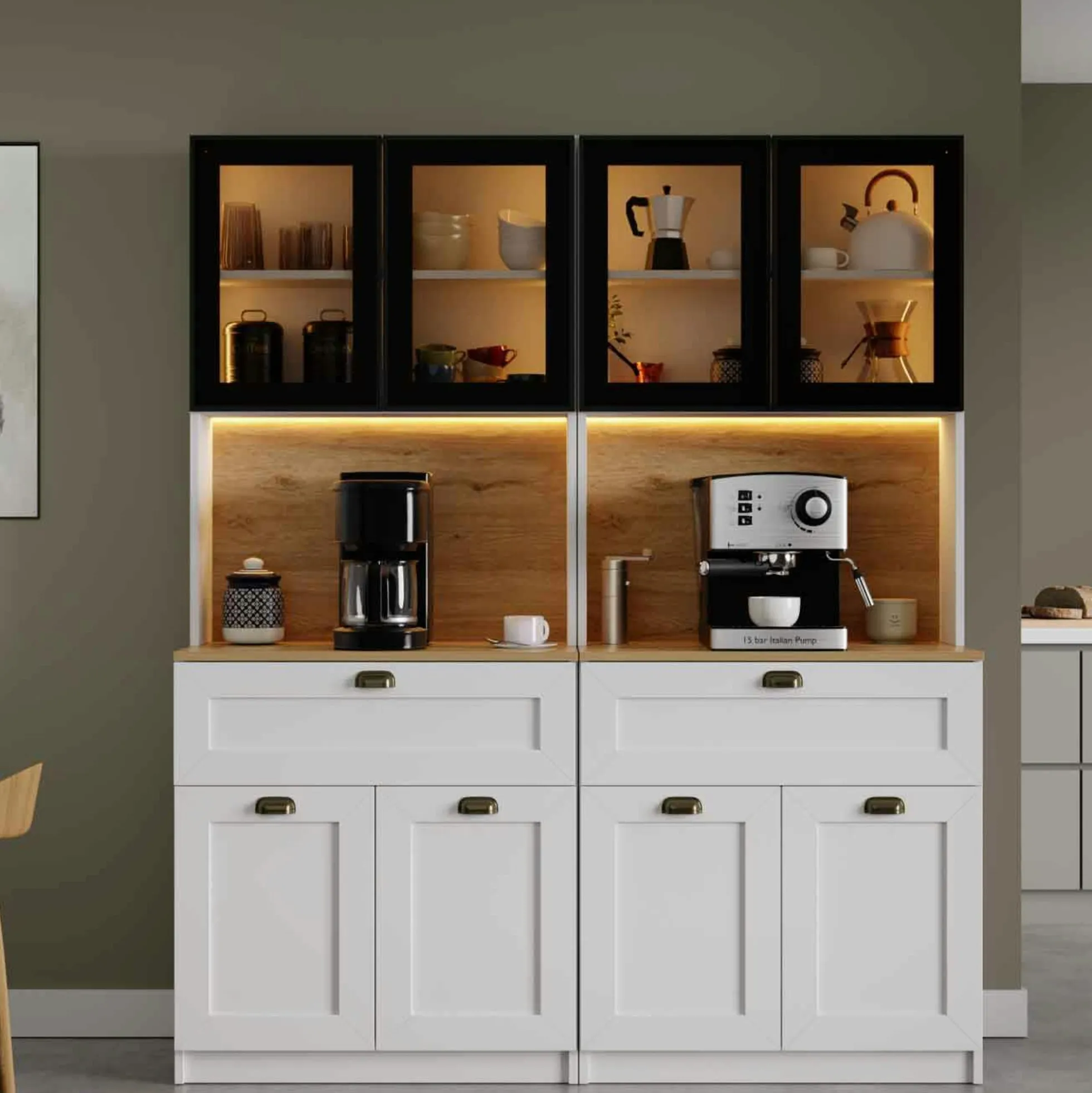 Vaisselier de cuisine à LED 8 portes décor blanc et noir AURA
