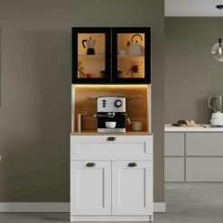 Vaisselier de cuisine à LED 4 portes décor blanc et noir AURA
