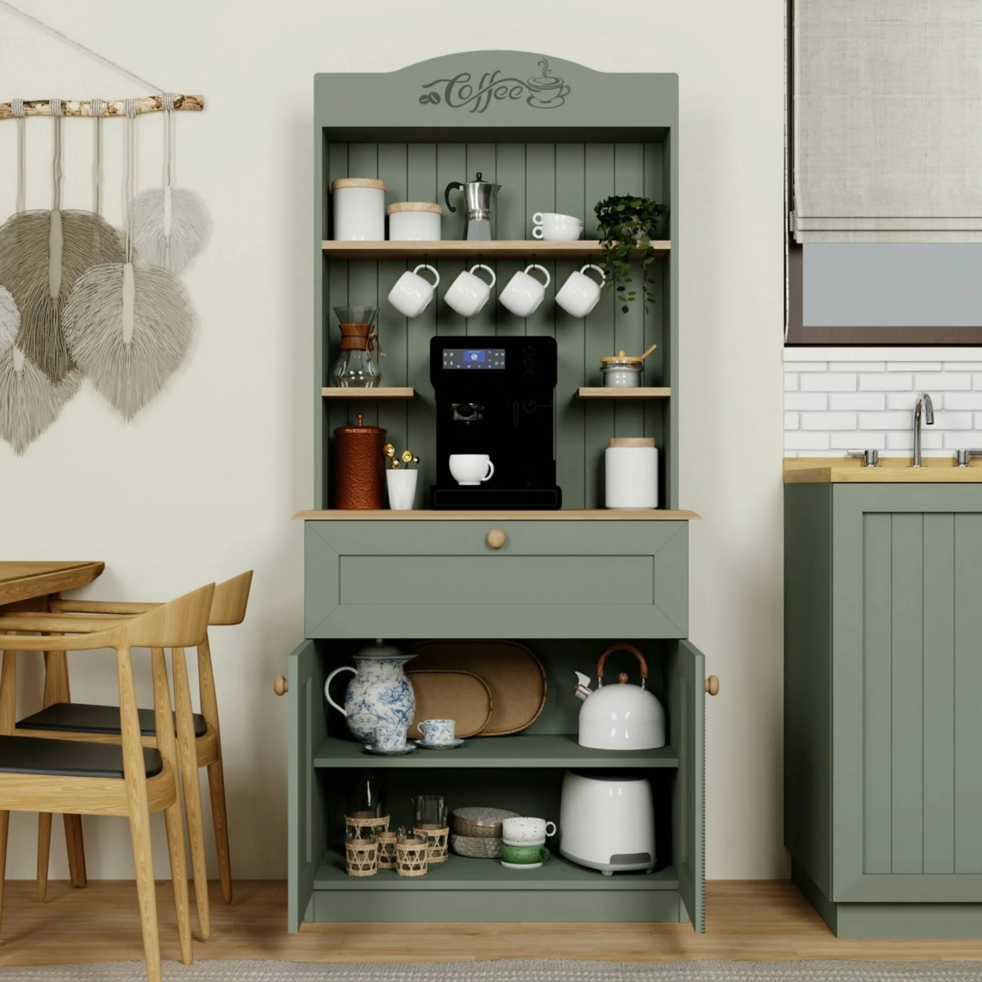 Vaisselier de cuisine vert sauge, niche machine à café VAREN