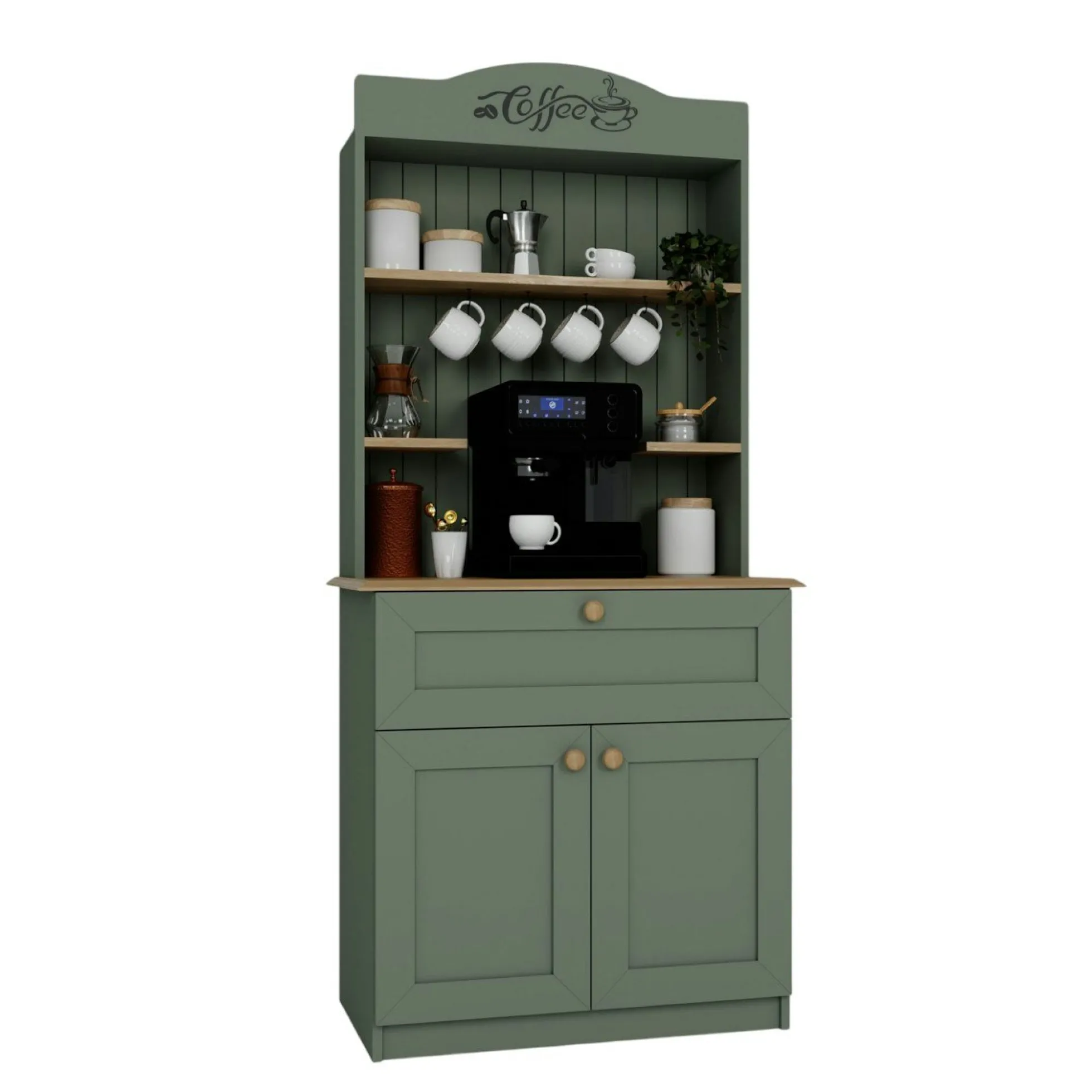 Vaisselier de cuisine vert sauge, niche machine à café VAREN