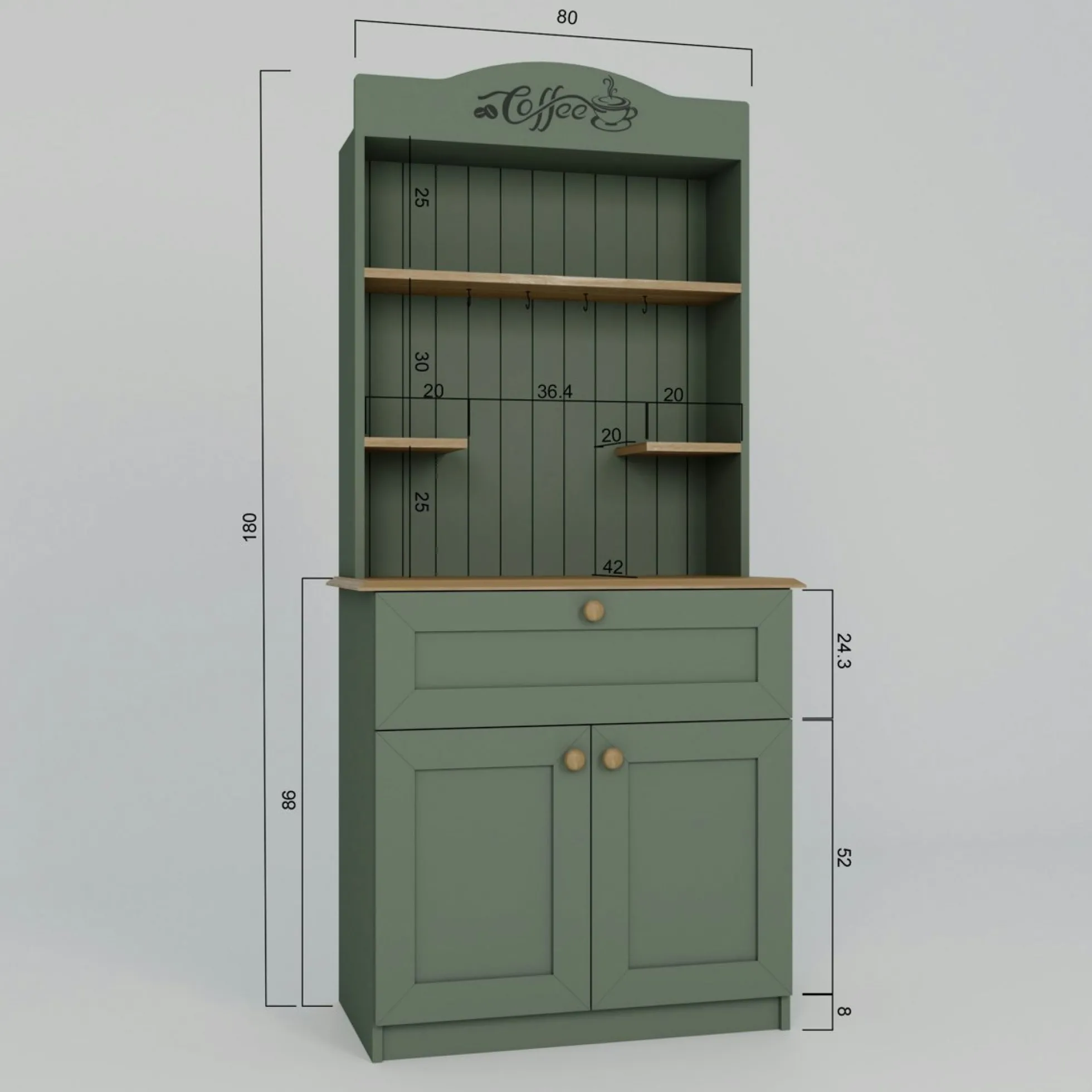 Vaisselier de cuisine vert sauge, niche machine à café VAREN