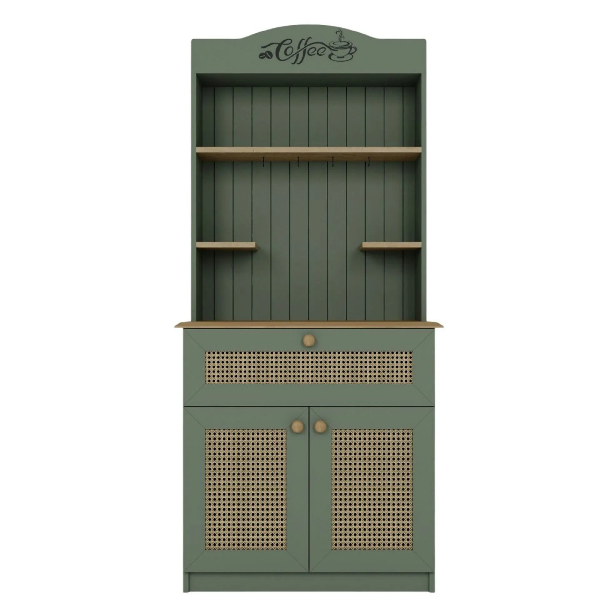 Vaisselier de cuisine vert sauge, cannage & niche café VAREN