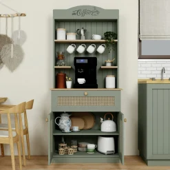 Vaisselier de cuisine vert sauge, cannage & niche café VAREN