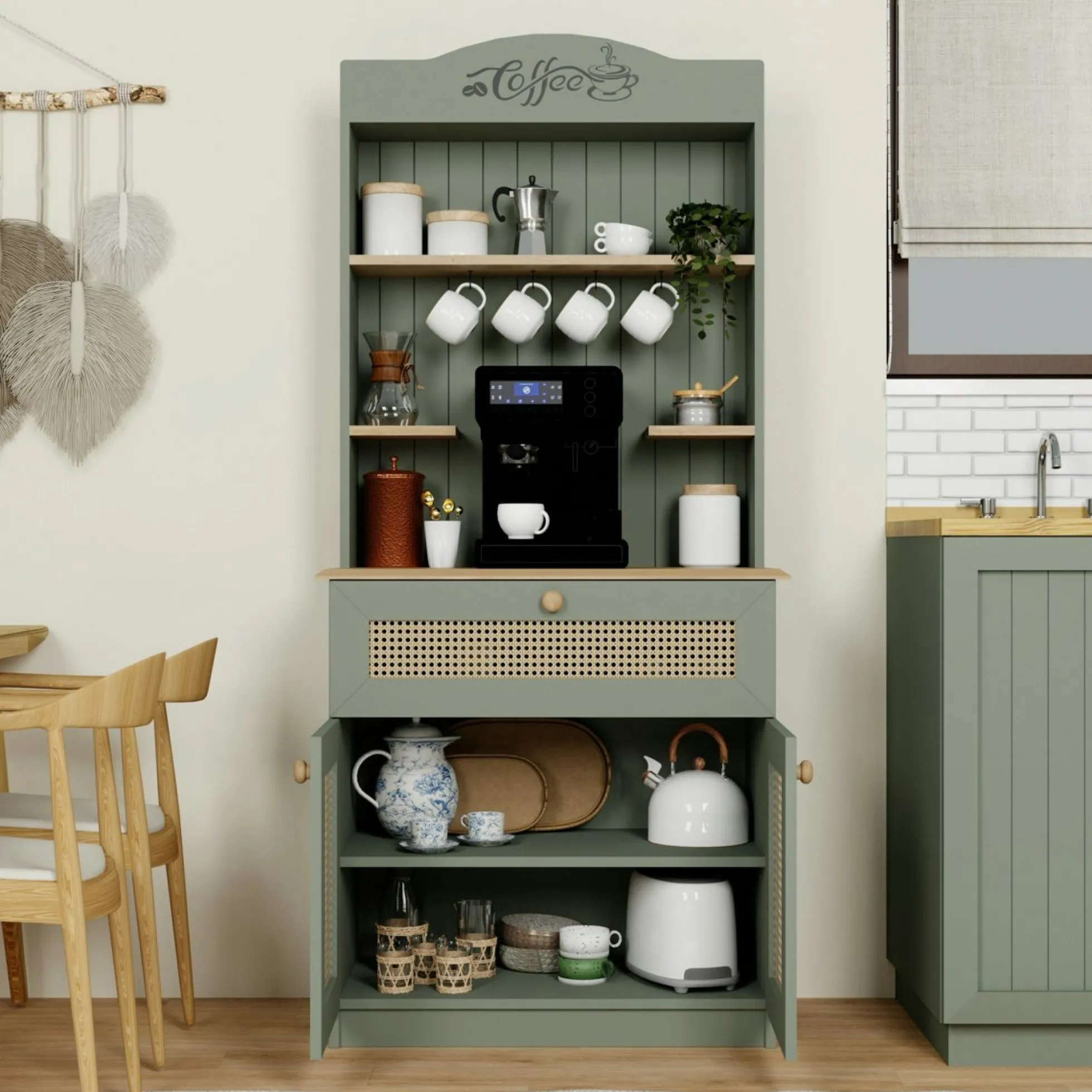 Vaisselier de cuisine vert sauge, cannage & niche café VAREN