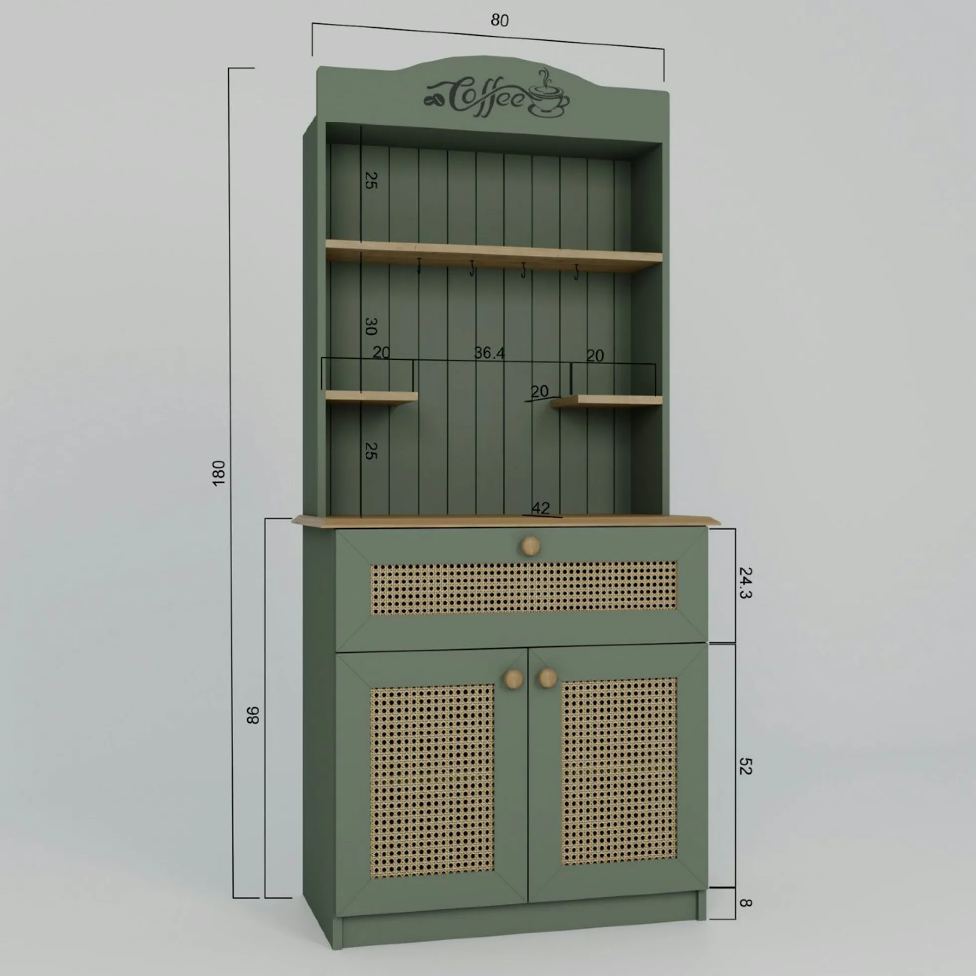 Vaisselier de cuisine vert sauge, cannage & niche café VAREN