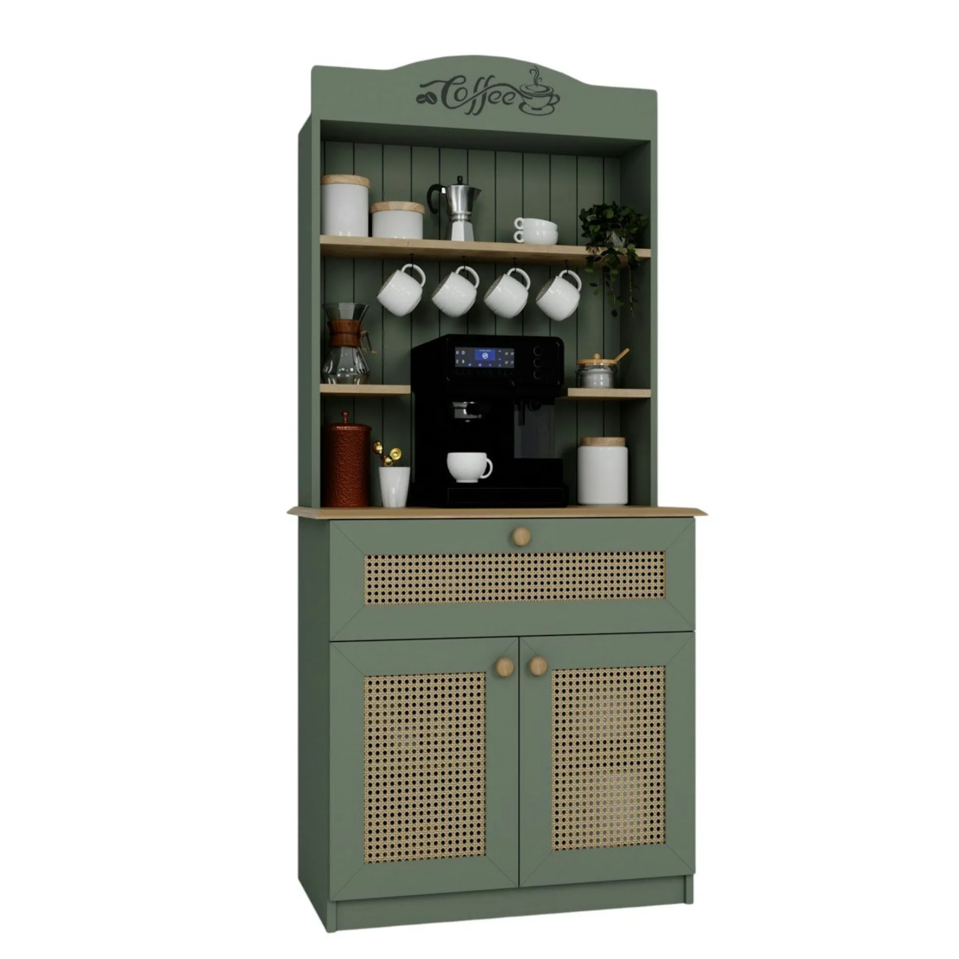 Vaisselier de cuisine vert sauge, cannage & niche café VAREN