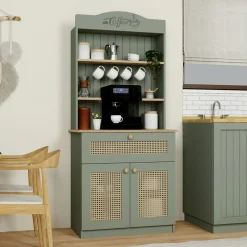 Vaisselier de cuisine vert sauge, cannage & niche café VAREN