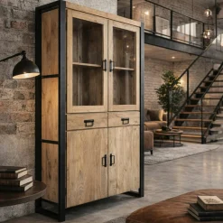 Vaisselier en bois clair et métal noir 4 portes MILORA