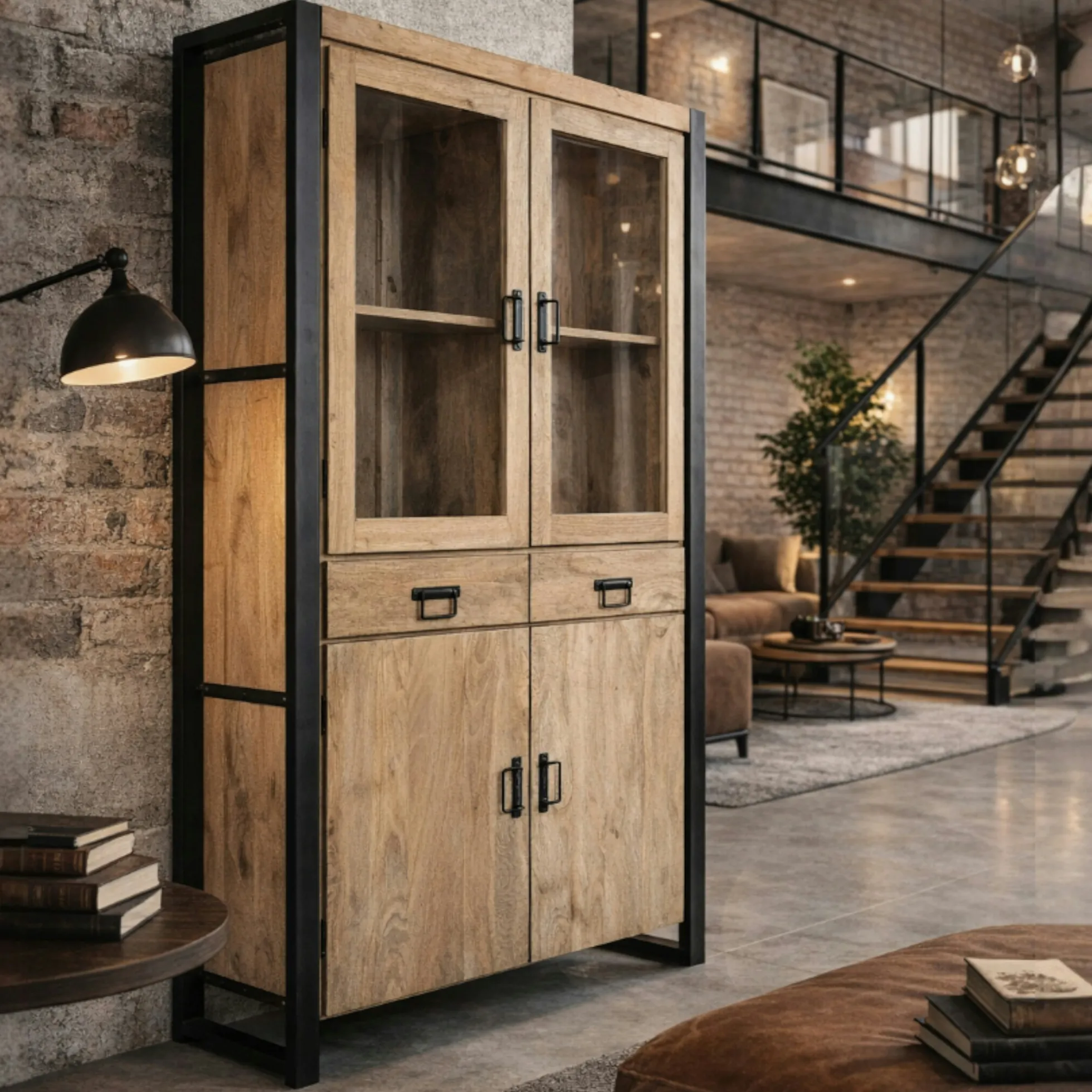 Vaisselier en bois clair et métal noir 4 portes MILORA