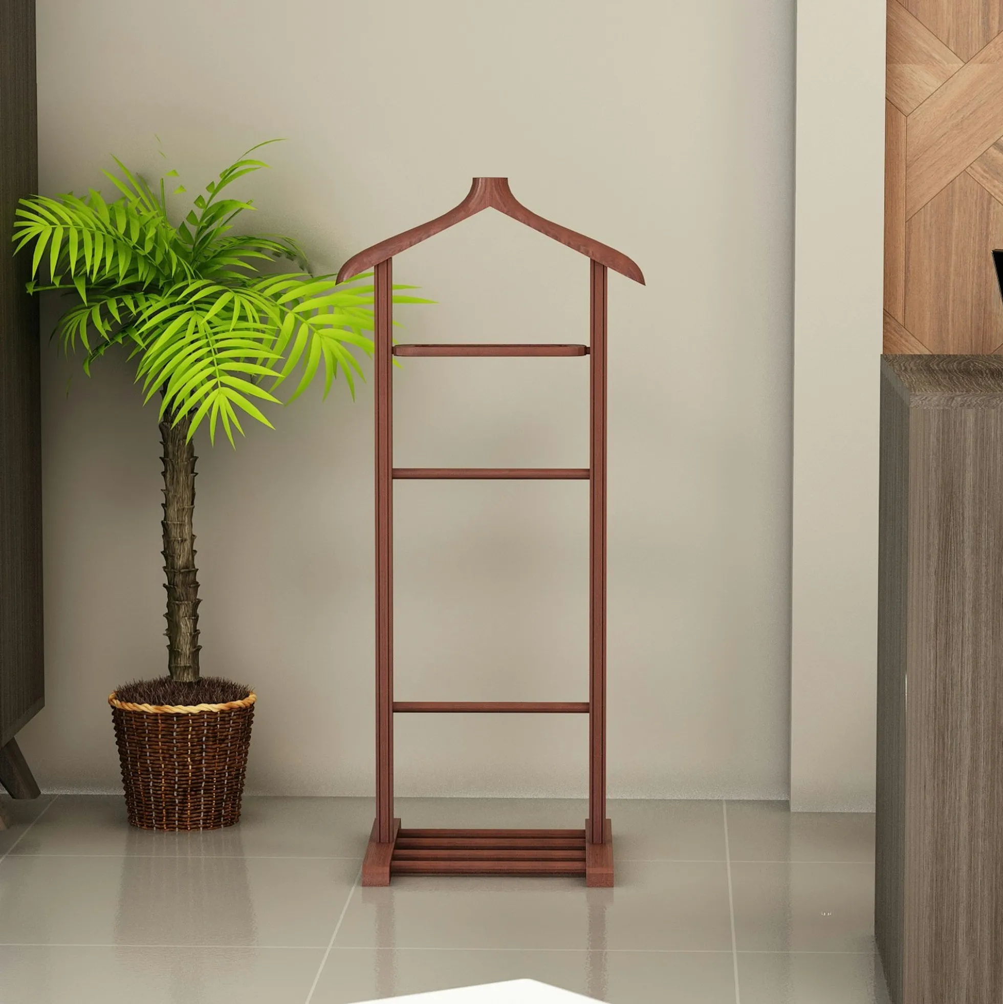 Valet de chambre bois brun avec plateau vide-poches SITIA
