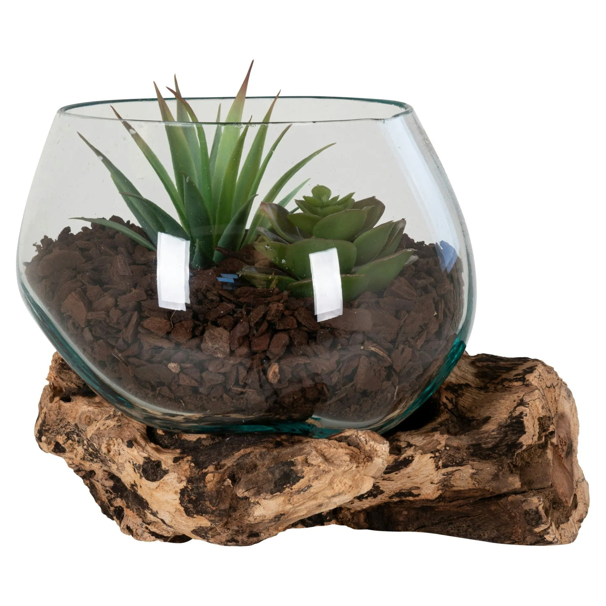 Vase verre soufflé et racine teck, artisanal H 15 cm ARIZONA