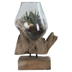 Vase verre soufflé et racine teck, artisanal H 25 cm ARIZONA