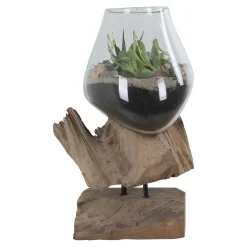 Vase verre soufflé et racine teck, artisanal H 25 cm ARIZONA