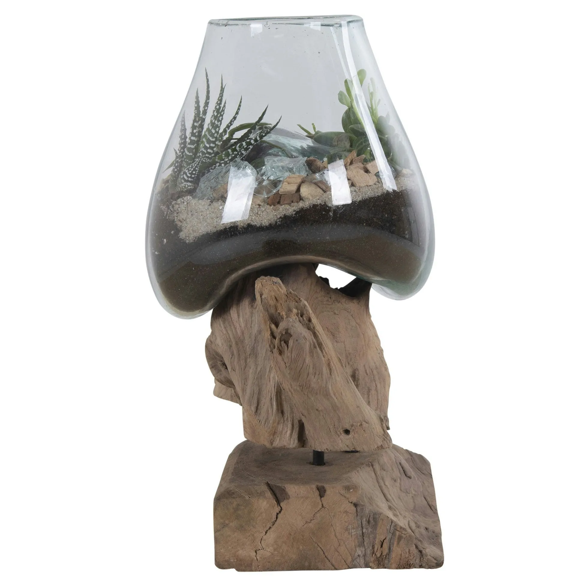 Vase verre soufflé et racine teck, artisanal H 25 cm ARIZONA
