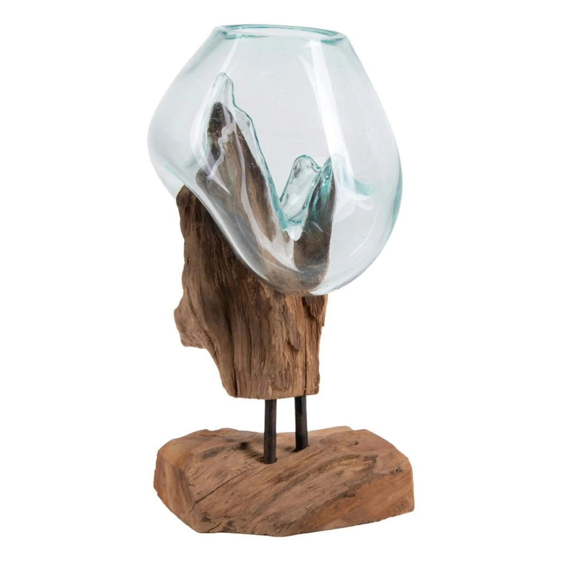 Vase verre soufflé et racine teck, artisanal H 25 cm ARIZONA
