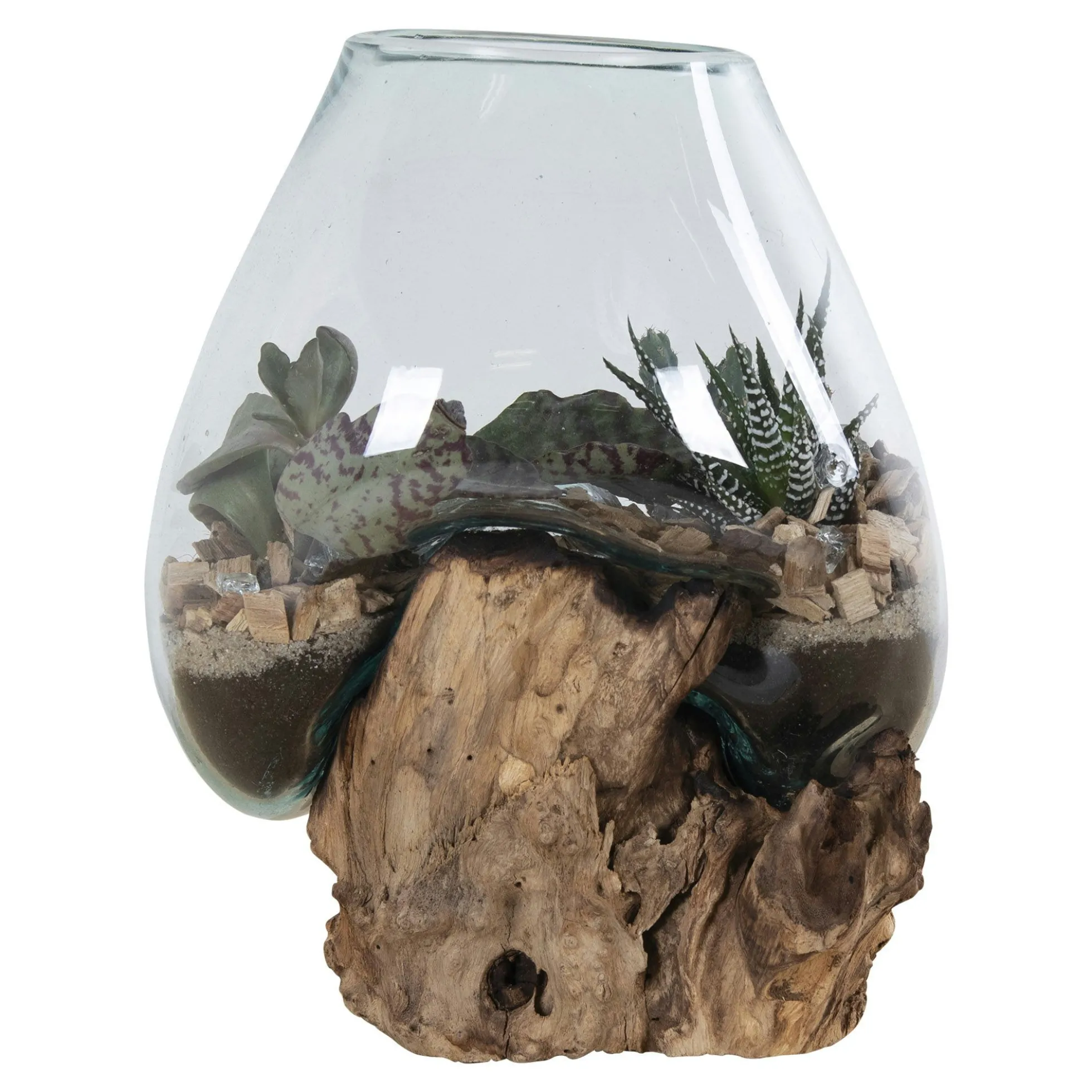 Vase verre soufflé et racine teck, artisanal H 20 cm ARIZONA