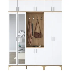 Vestiaire d'entrée blanc et décor noyer avec miroir JENA
