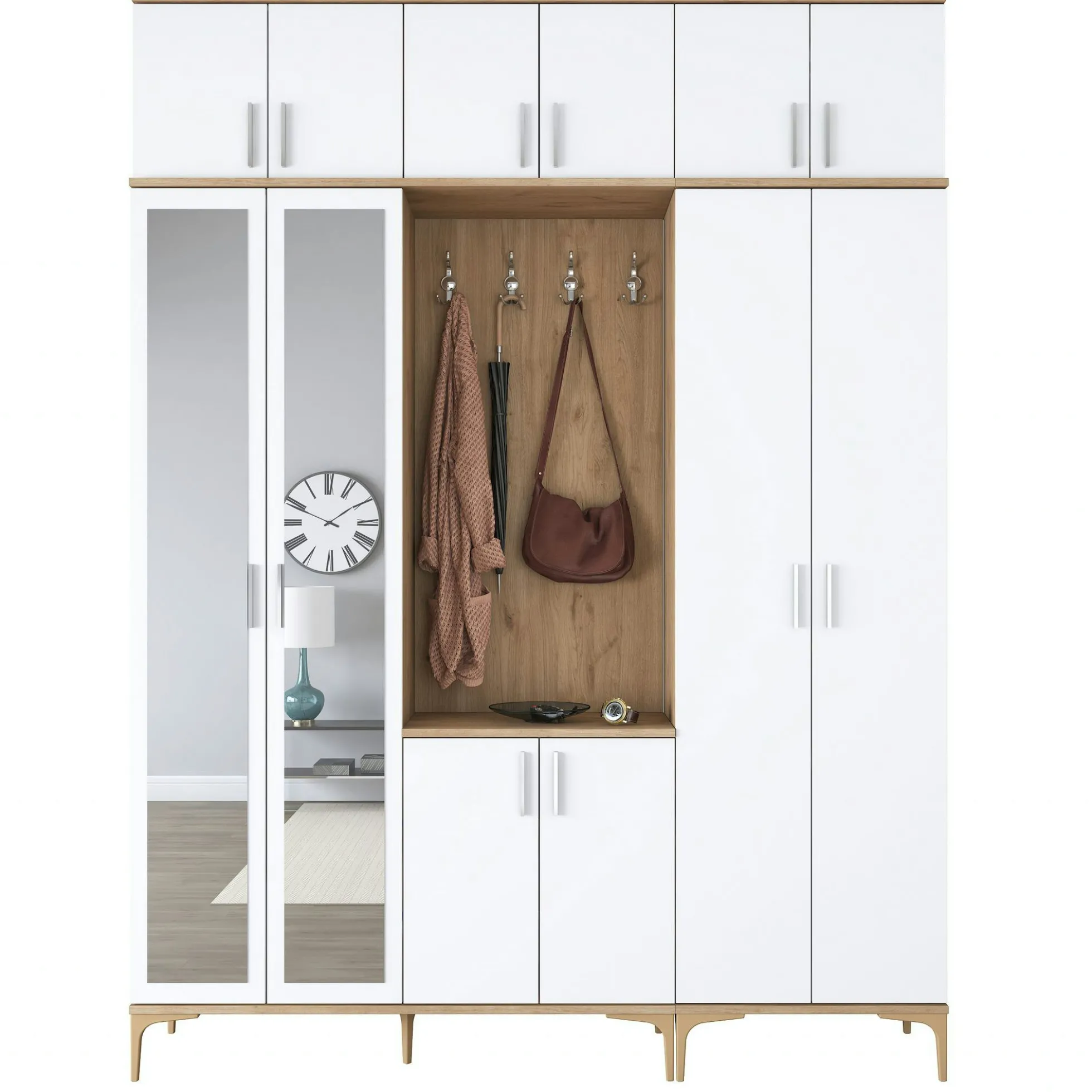 Vestiaire d'entrée blanc et décor noyer avec miroir JENA
